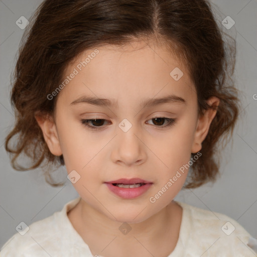 Joyful white child female with medium  brown hair and brown eyes