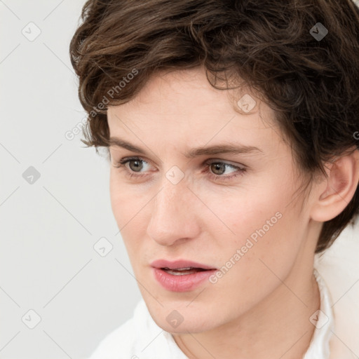 Neutral white young-adult female with short  brown hair and brown eyes