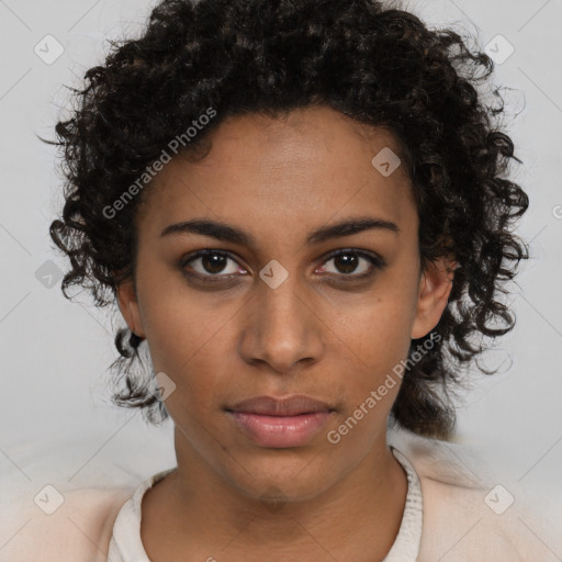 Neutral black young-adult female with medium  brown hair and brown eyes