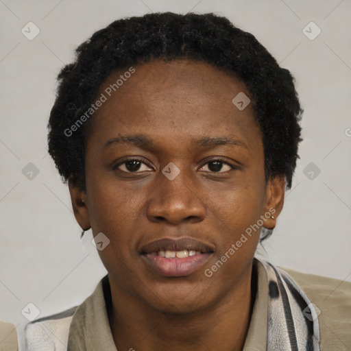 Joyful black young-adult female with short  black hair and brown eyes