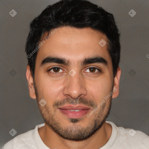 Joyful latino young-adult male with short  black hair and brown eyes