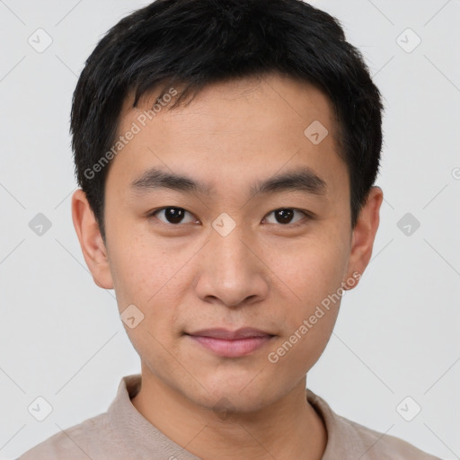 Neutral asian young-adult male with short  black hair and brown eyes