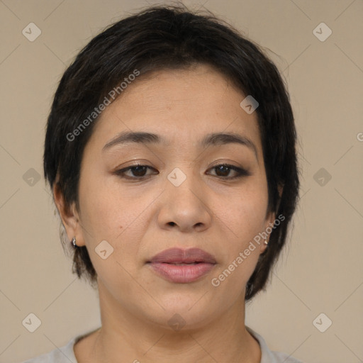 Joyful asian young-adult female with medium  black hair and brown eyes