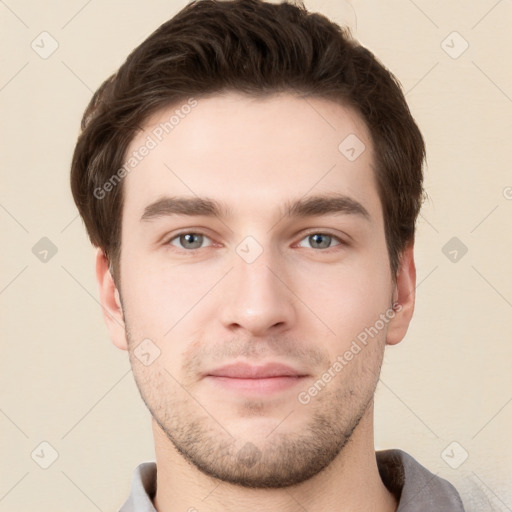 Neutral white young-adult male with short  brown hair and grey eyes