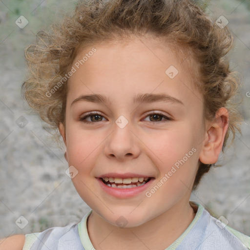 Joyful white child female with short  brown hair and brown eyes