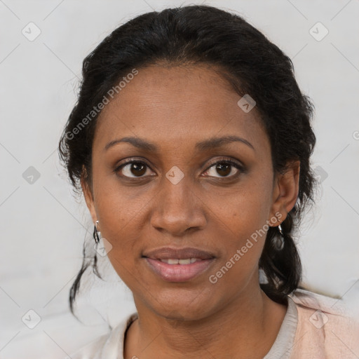 Joyful black young-adult female with medium  brown hair and brown eyes