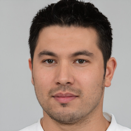 Neutral white young-adult male with short  black hair and brown eyes