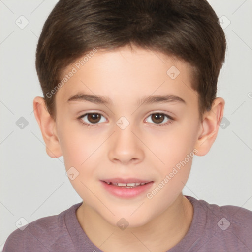 Joyful white child male with short  brown hair and brown eyes