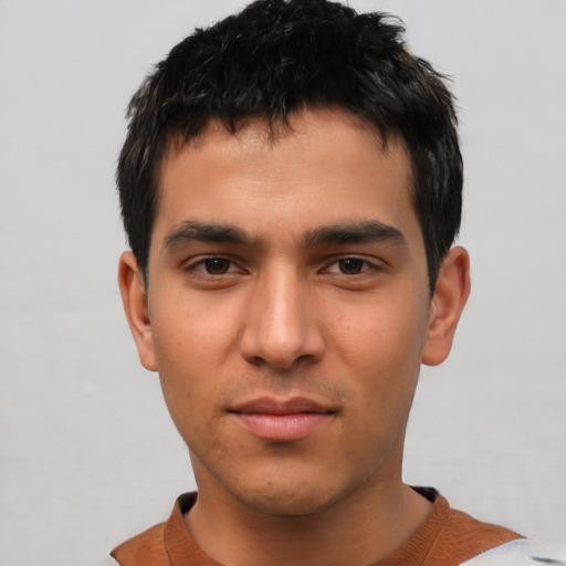 Neutral white young-adult male with short  black hair and brown eyes