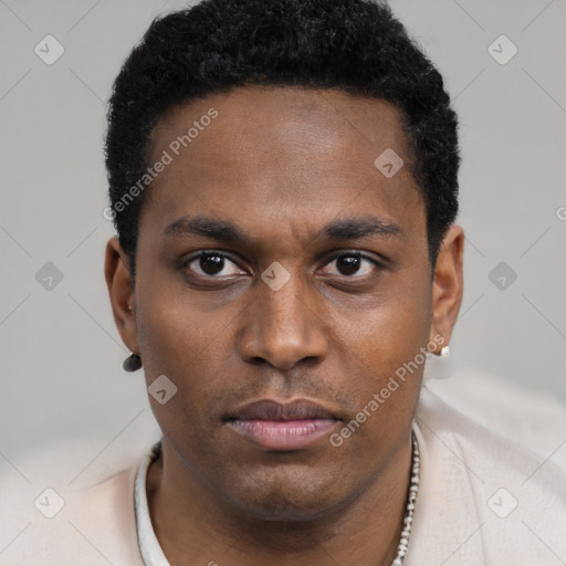 Neutral black young-adult male with short  black hair and brown eyes