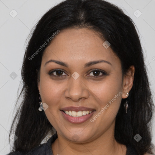 Joyful latino young-adult female with long  brown hair and brown eyes