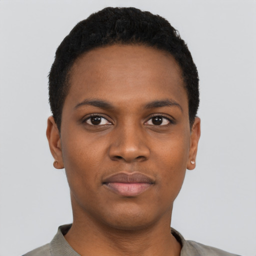 Neutral black young-adult female with short  black hair and brown eyes