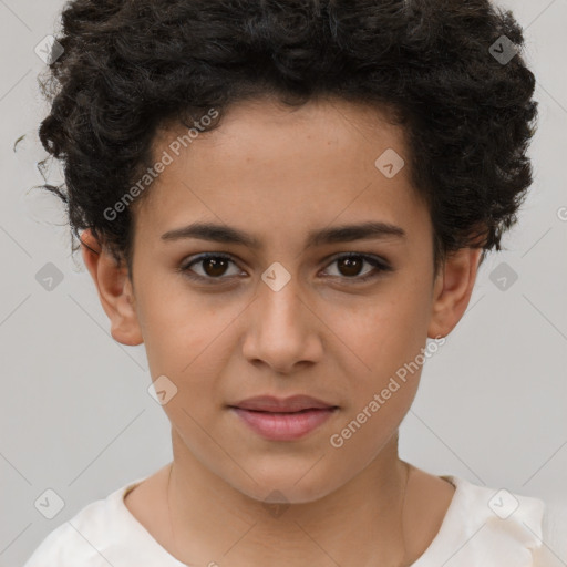 Joyful white child female with short  brown hair and brown eyes