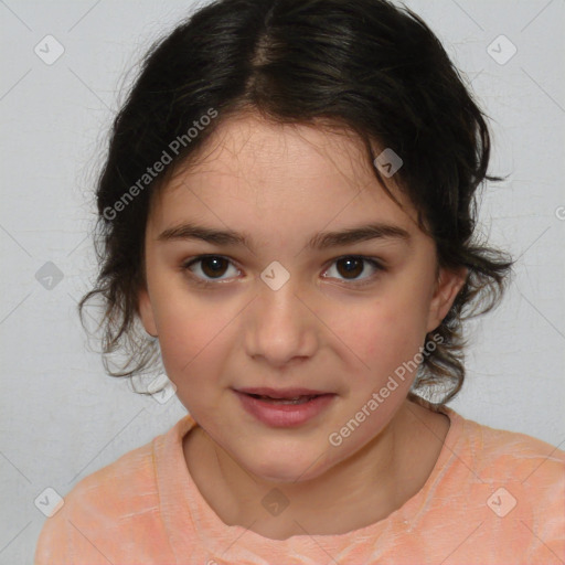 Joyful white child female with medium  brown hair and brown eyes