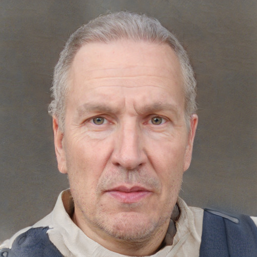 Neutral white middle-aged male with short  gray hair and grey eyes