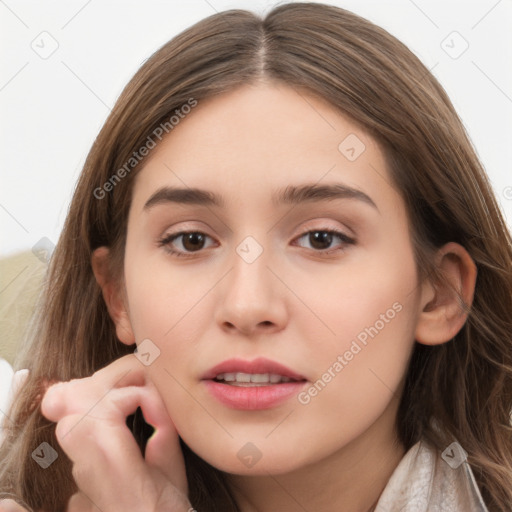 Neutral white young-adult female with long  brown hair and brown eyes