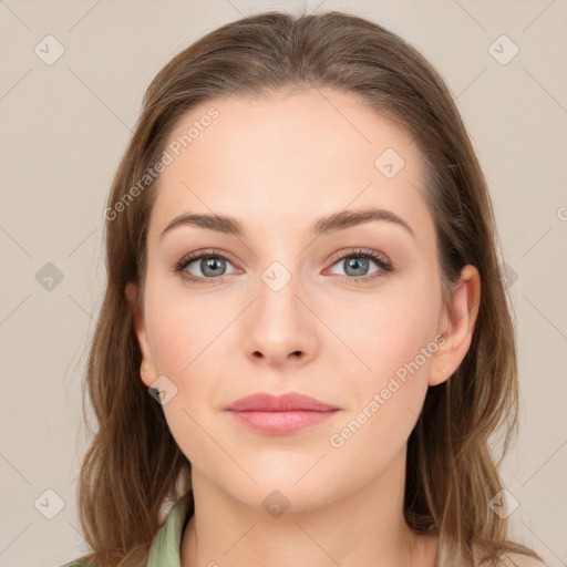 Neutral white young-adult female with long  brown hair and grey eyes