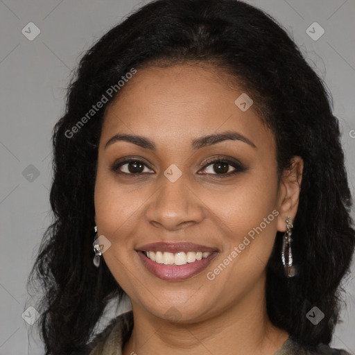 Joyful latino young-adult female with long  brown hair and brown eyes