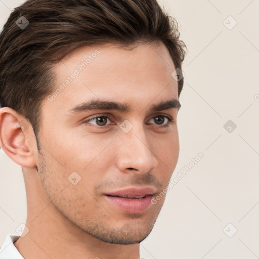 Neutral white young-adult male with short  brown hair and brown eyes