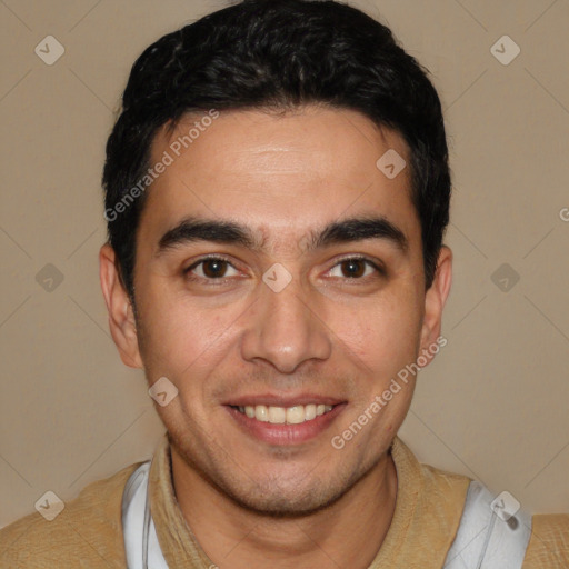 Joyful white young-adult male with short  black hair and brown eyes