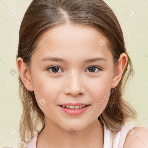 Joyful white child female with medium  brown hair and brown eyes