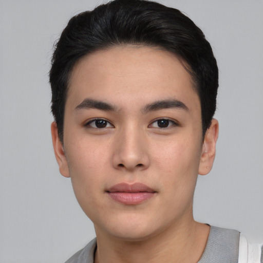 Neutral asian young-adult male with short  black hair and brown eyes