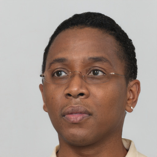 Neutral black adult male with short  black hair and brown eyes