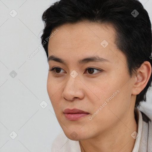 Joyful asian young-adult female with short  brown hair and brown eyes