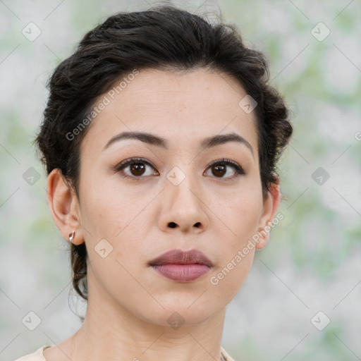 Neutral asian young-adult female with medium  brown hair and brown eyes