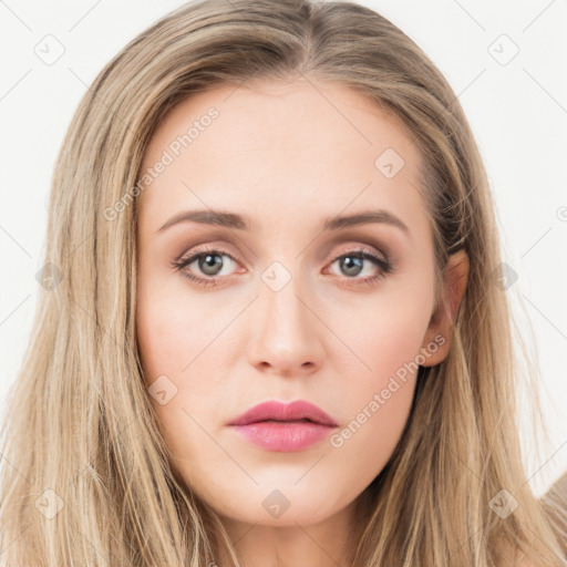 Neutral white young-adult female with long  brown hair and green eyes