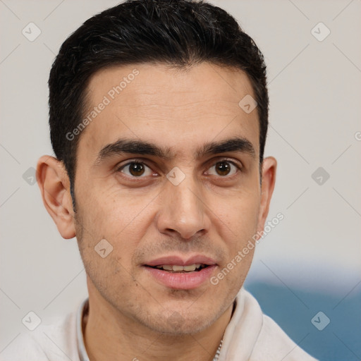 Joyful white young-adult male with short  brown hair and brown eyes