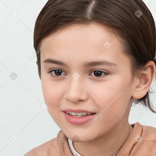 Joyful white child female with short  brown hair and brown eyes