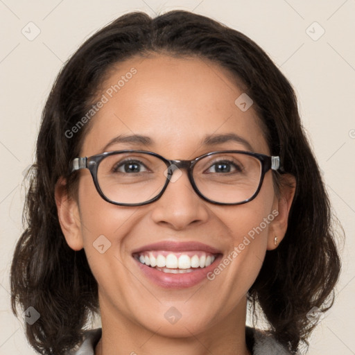 Joyful white adult female with medium  brown hair and brown eyes