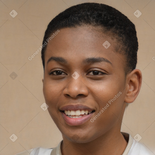 Joyful black young-adult female with short  brown hair and brown eyes