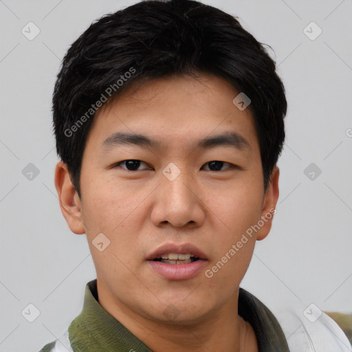 Neutral asian young-adult male with short  black hair and brown eyes