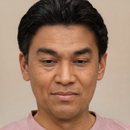 Joyful asian adult male with short  black hair and brown eyes