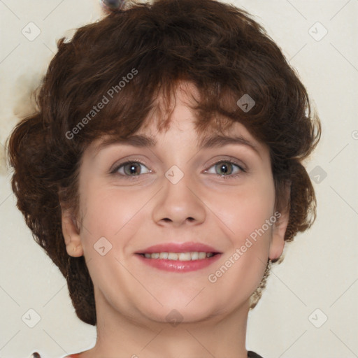 Joyful white young-adult female with medium  brown hair and blue eyes