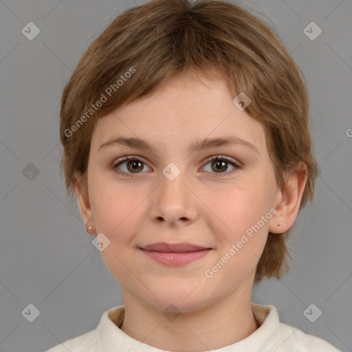 Joyful white child female with medium  brown hair and brown eyes