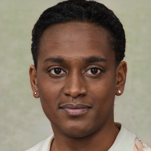 Joyful black young-adult male with short  black hair and brown eyes