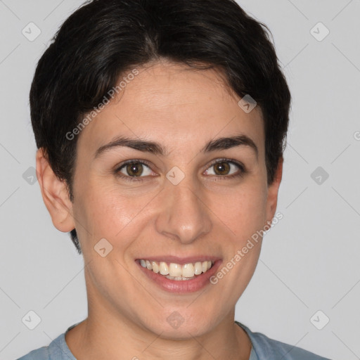 Joyful white young-adult female with short  brown hair and brown eyes