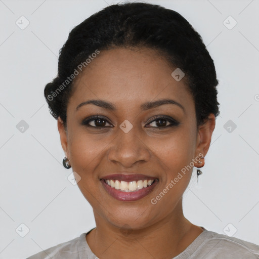 Joyful latino young-adult female with short  black hair and brown eyes