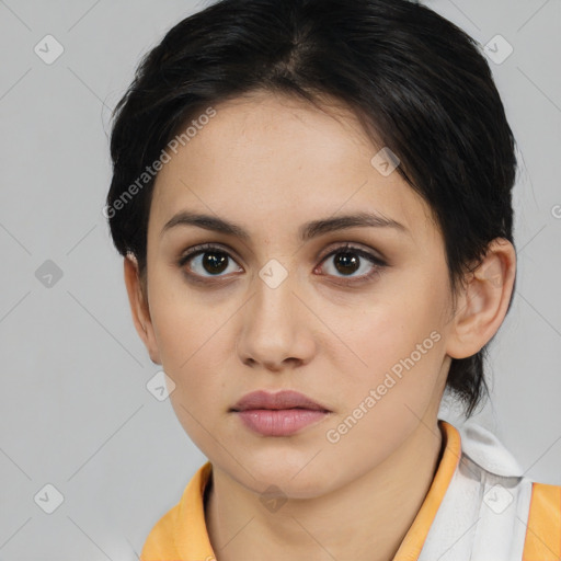 Neutral white young-adult female with medium  brown hair and brown eyes