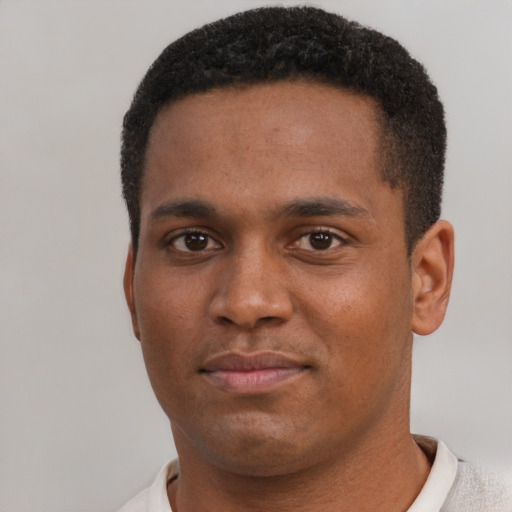 Neutral black young-adult male with short  brown hair and brown eyes