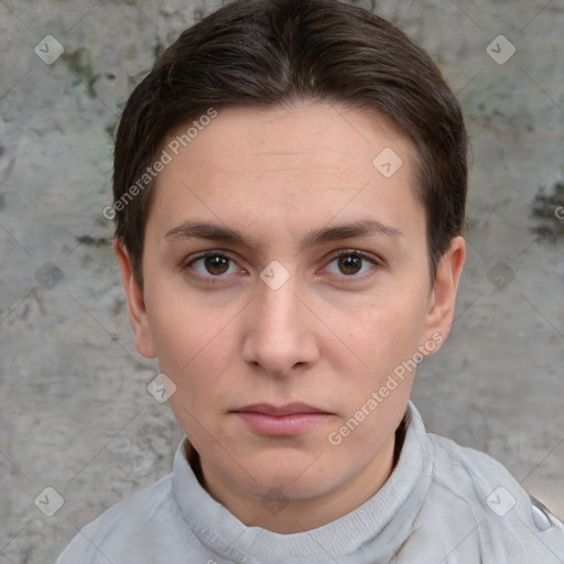 Neutral white young-adult female with short  brown hair and brown eyes