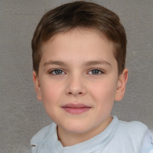 Joyful white child female with short  brown hair and brown eyes