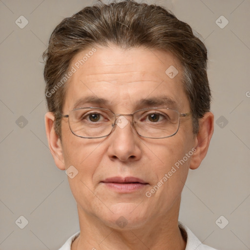 Joyful white middle-aged male with short  brown hair and brown eyes