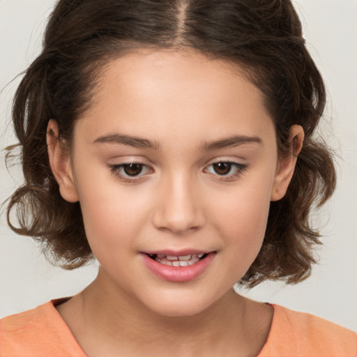 Joyful white child female with medium  brown hair and brown eyes