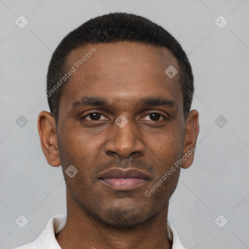 Neutral latino young-adult male with short  brown hair and brown eyes