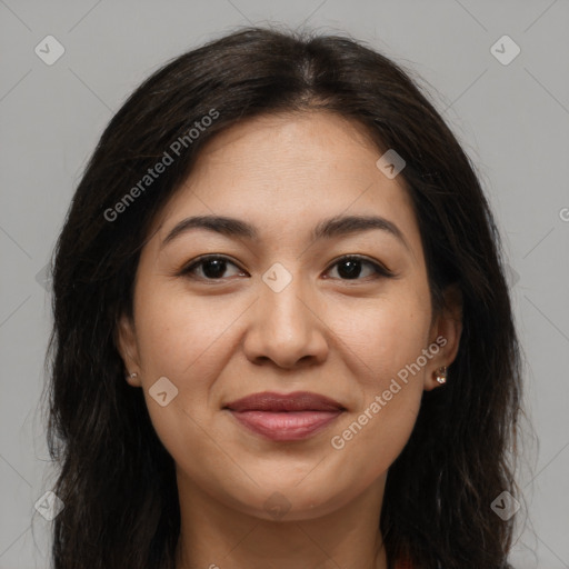 Joyful asian young-adult female with long  brown hair and brown eyes