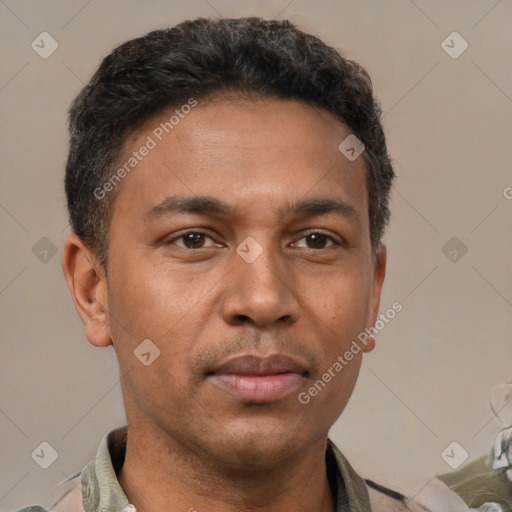 Neutral latino young-adult male with short  brown hair and brown eyes